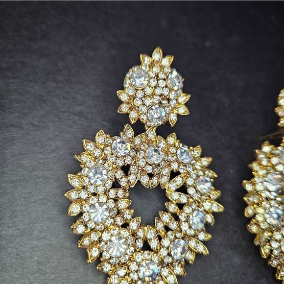 Vintage Thelma Deutsch Signed Large Rhinestone Open Heart Clip Dangle Earrings - Picture 5 of 12